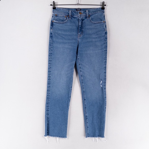 J. Crew Jeans Womens 27 Blue Essential Straight Lightly Distressed Raw Hem Ankle - Picture 1 of 11